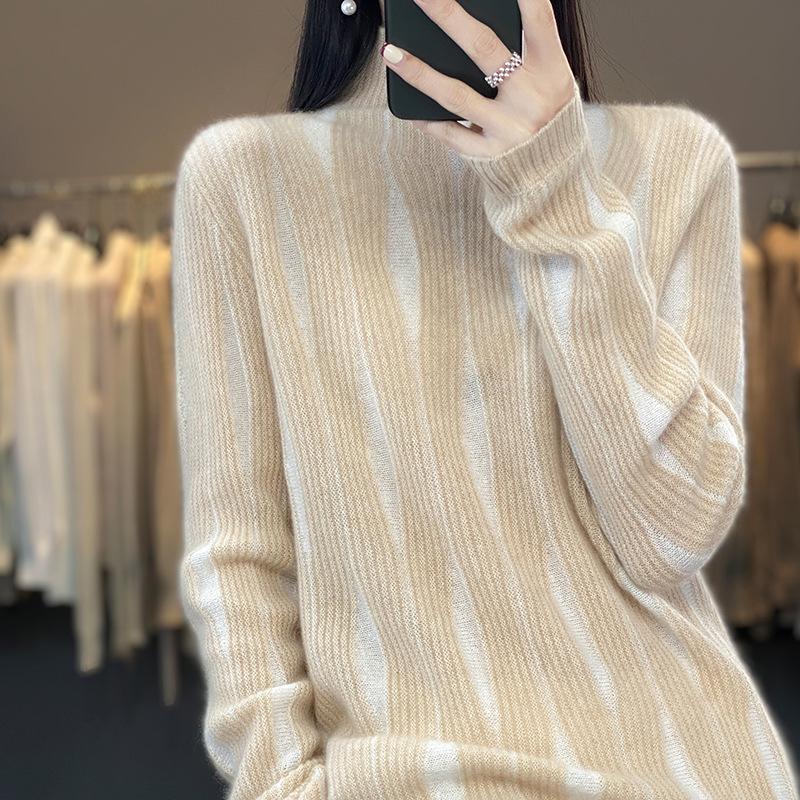 

Дизайнерский трикотажный свитер с полувысоким воротником, женский осенне-зимний новый высококачественный свободный и тонкий базовый топ one size fits all хаки