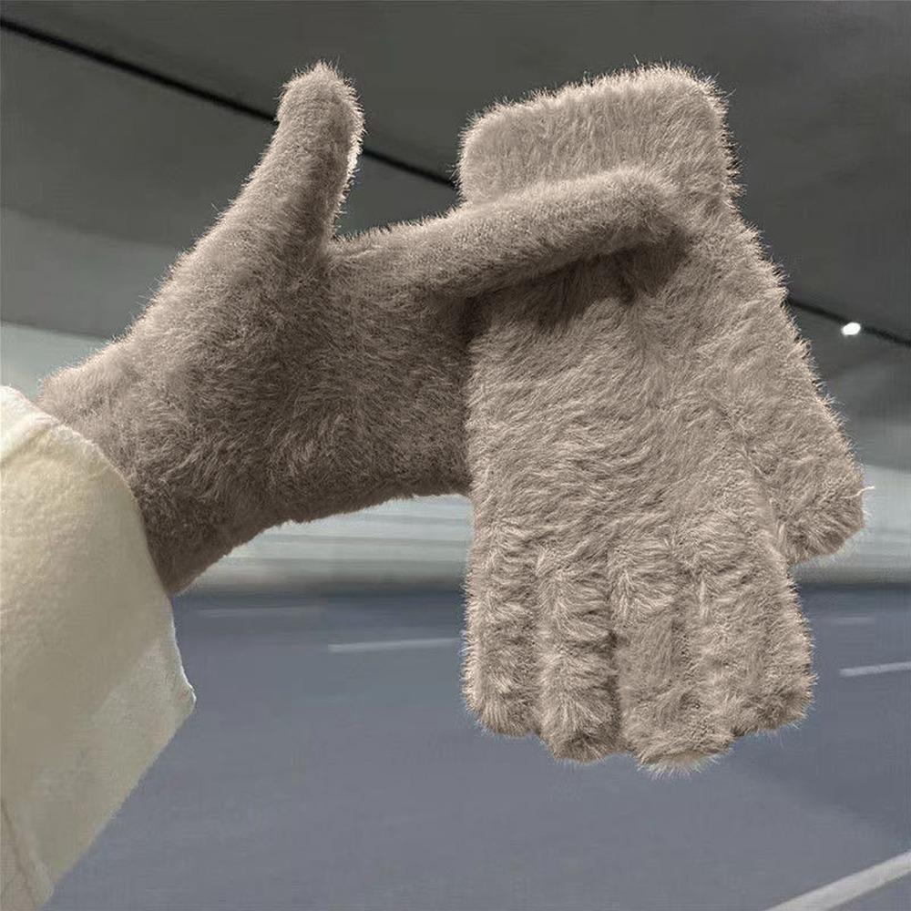Cute Thickened Furry Gloves Cold-proof Solid Color Five Finger Gloves Breathable Warm Winter Gloves Winter