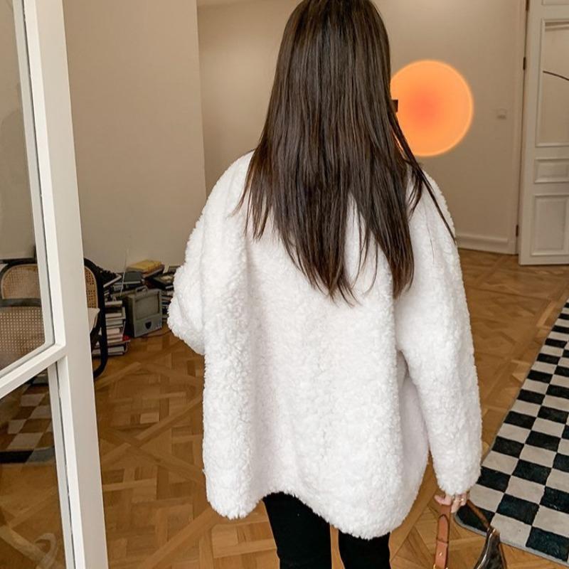 White coat women's autumn and winter new loose and versatile casual coral fleece stand-up collar zipper thickened fleece top