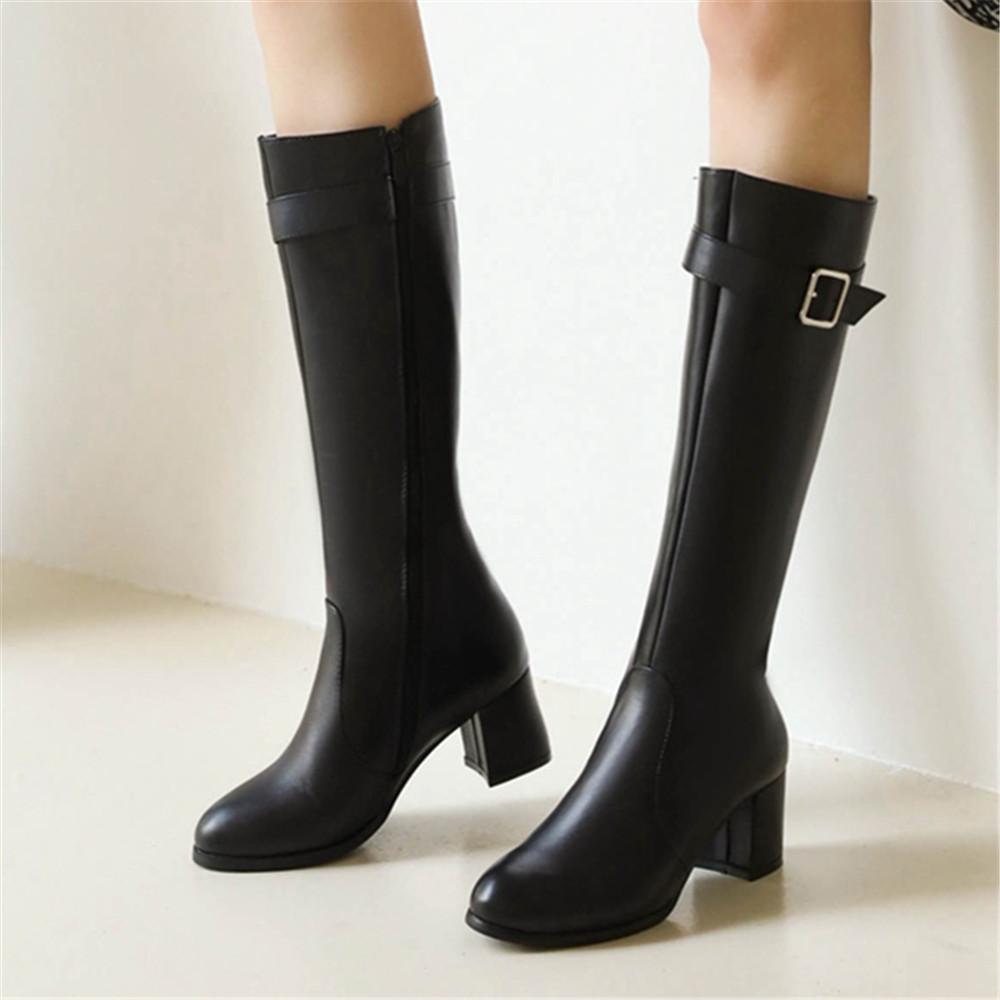 Módní dámské kozačky nad koleno Podzimní zimní boty Černé bílé střední podpatky S přezkou Dlouhé kotníkové boty Kozačky nad stehno Dámské boty Velikost 33-43