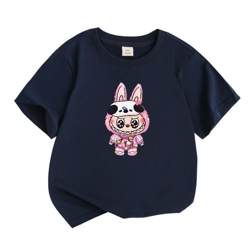 2025 Popular Children's Clothing Short Sleeved LABUBU Wearing Pajamas Pattern Round Neck T-shirt Cartoon Style Girl's Top
