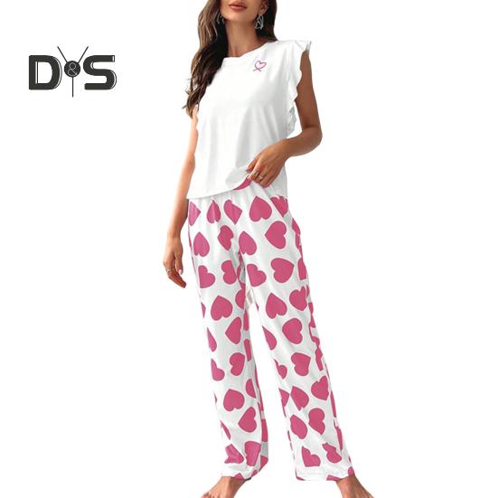 

Женский атласный пижамный комплект, топ с оборками и широкие брюки, повседневный комплект из 2 предметов домашней одежды для отдыха XL розовый