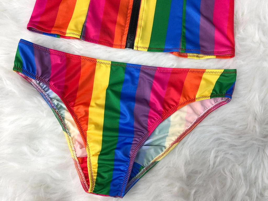 Regenbogenstreifen Reißverschluss Schlitz Zweiteiliges Bikini-Set