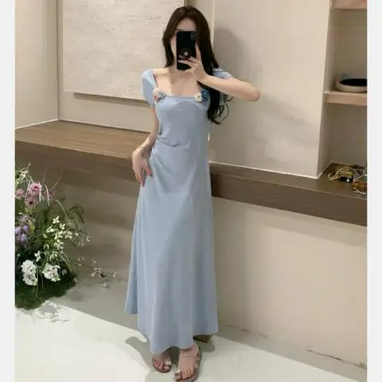 Blue A-Line Summer Dress with Three-Dimensional Flowers, Square Neck, Waist-Slimming Design for Women