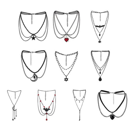 Gotisk Halskjede Kvinner Halloween Halskjede Svart Måne Anheng med Flerlags Metallkjeder Perler Flaggermus Choker Halskjede for Cosplay Kostymefest