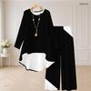 Women Plus Size Two Piece Pants Set Round Neck Long Sleeve Printed High Low Top Wide Leg Pants Black White