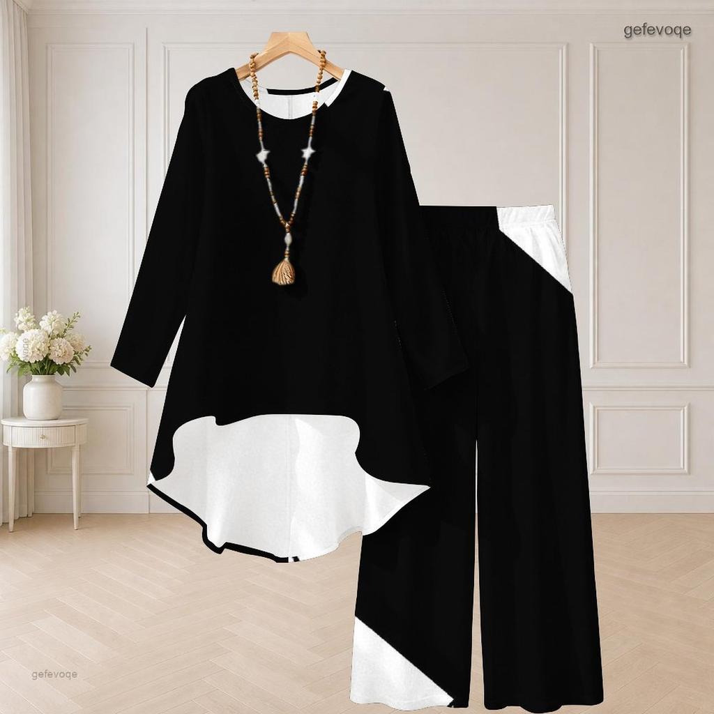 Women Plus Size Two Piece Pants Set Round Neck Long Sleeve Printed High Low Top Wide Leg Pants Black White