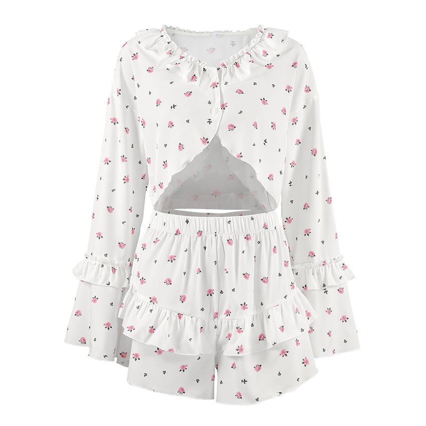 European and American wholesale women's clothing ruffle leaf edge printing long-sleeved shorts set for women's pure desire for wind, comfortable and 