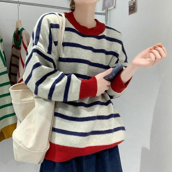 

Полосатые свитера в японском стиле, женские осенне-зимние свободные универсальные вязаные пуловеры большого размера S синий
