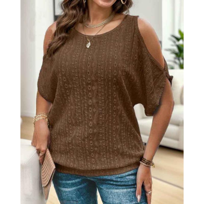 Solid Color Off Shoulder Hollowed Out T-shirt WOMEN Top