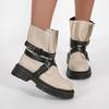 Western Trendy Big Head Cross Belt Buckle Chimney Boots Round Toe Platform Block Heel Booties