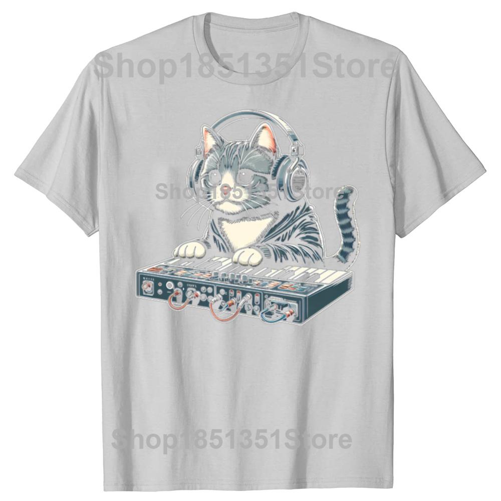 Funny Cat Synthesizer Music Synth Electro Techno Graphic Tshirts Men Fashion Casual Tshirt 100 Cotton Loose Oversized T Shirt