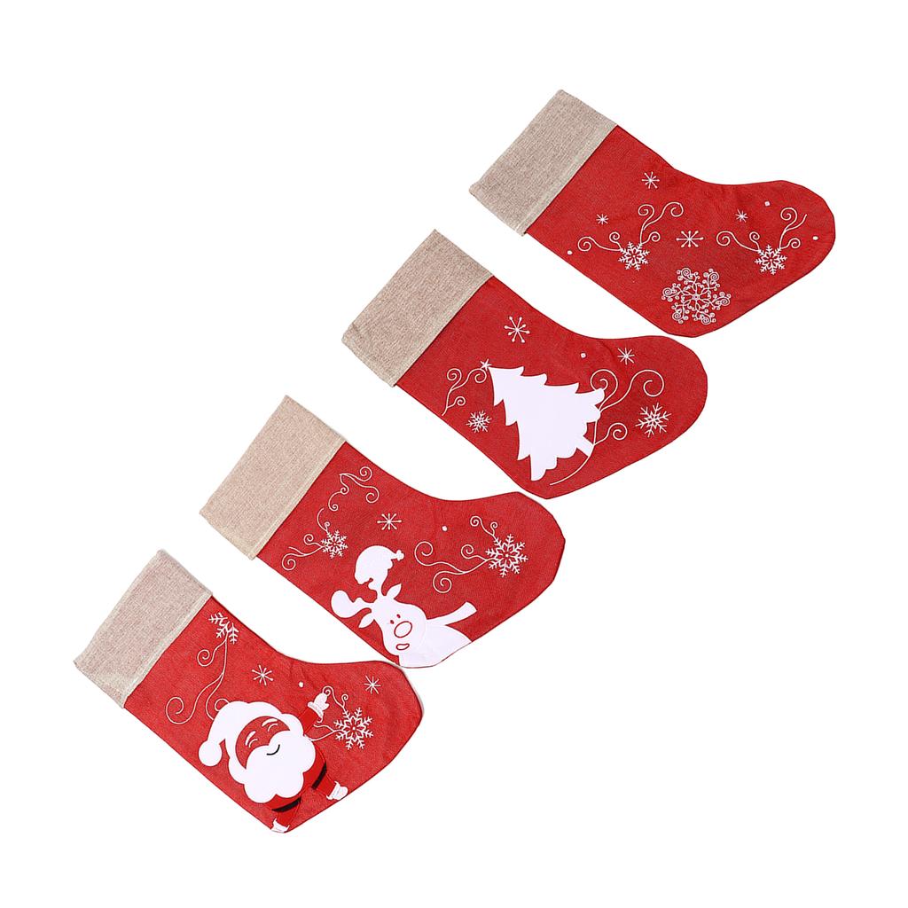Christmas Stocking Decorative Cartoon Pattern Cuff Stocking Ornament for Tree Stairs Fireplace Red 4pcs