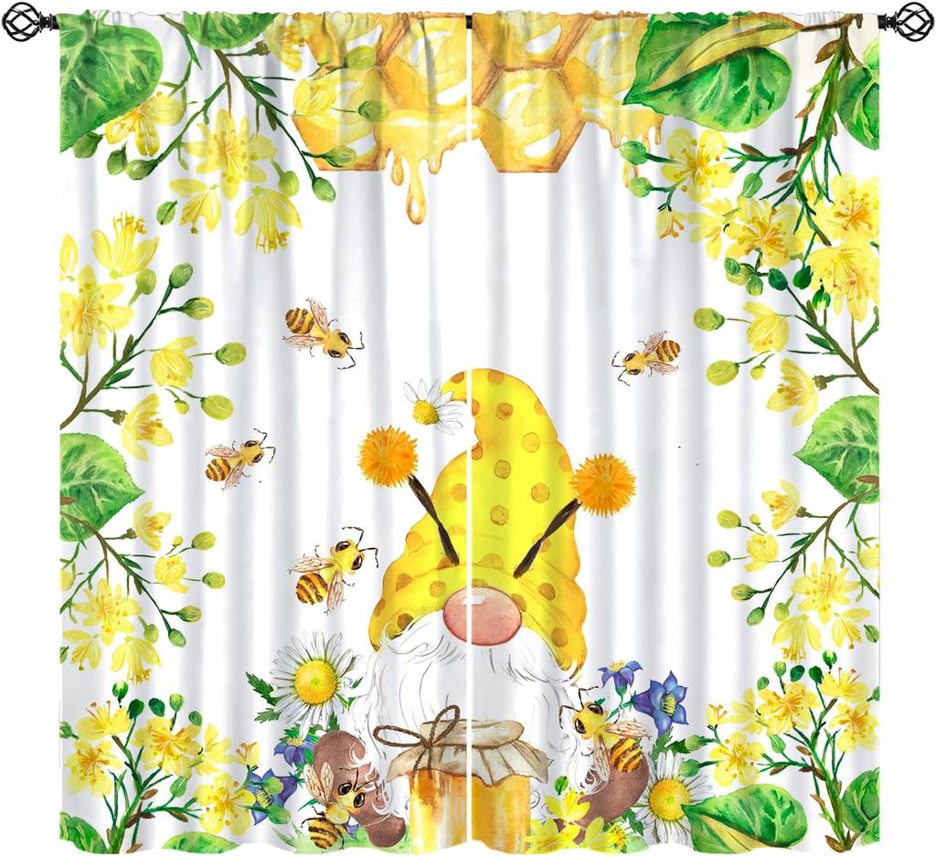 Rustic Honey Bee Curtains Honeycomb Daisy Floral Window Treatments Insulated Drapes Panel Sets Curtain With Rod Pocket Thermal Polyester