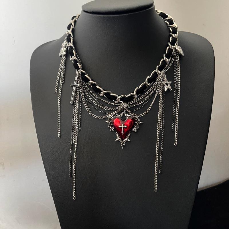 Stylish Red Heart-Star Leather Necklace with Tassel