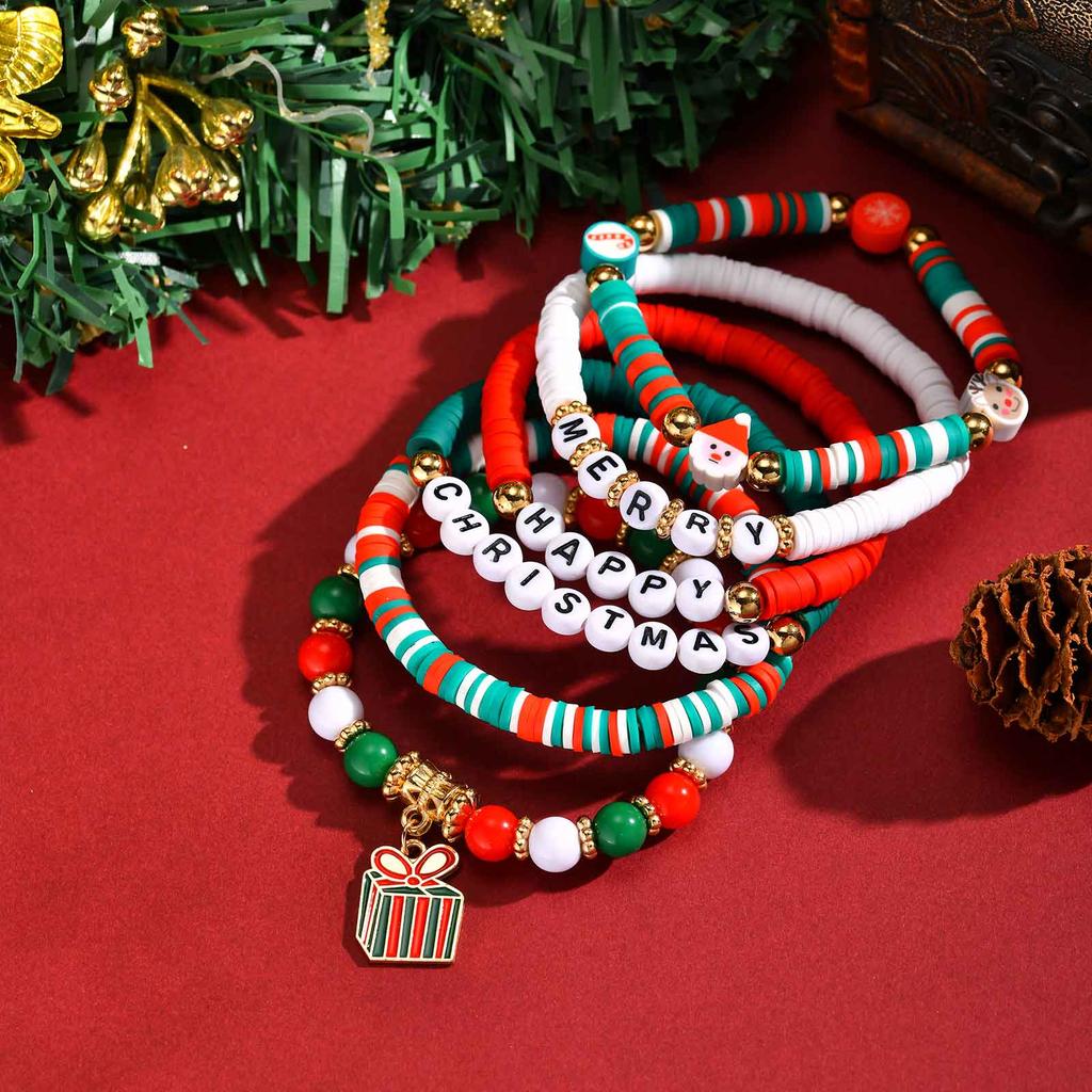 Christmas Series Stretch Bracelet Set, Stackable Colorful Beaded Elastic Bangle, Christmas Tree, Santa Claus, New Year Gift