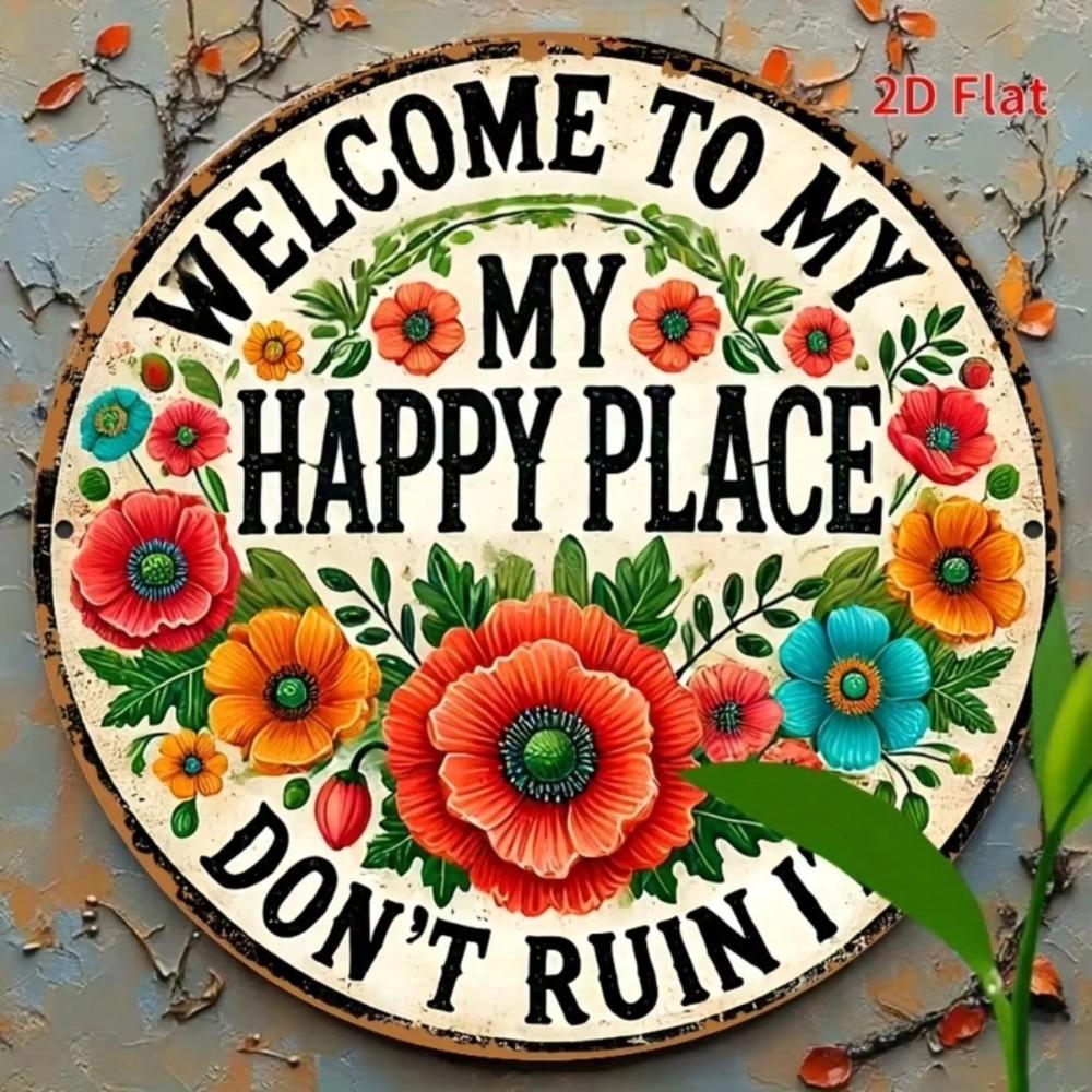 Iron Wall Sign Welcome To My Happy Place Floral Metal Decor Cafe Bedroom Home