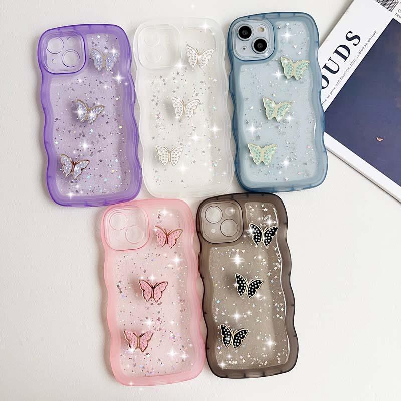 Applicable To Apple 17 Mobile Phone Case, Epoxy Glitter 16 Wavy Butterfly iPhone15 Anti-drop 14 Transparent Protective Case