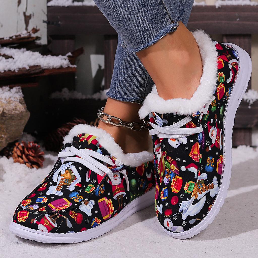 Autumn and Winter New Plus-size Christmas Fur Collar with Thickened Fleece and Versatile Warm Flat Round Toe Cotton Shoes