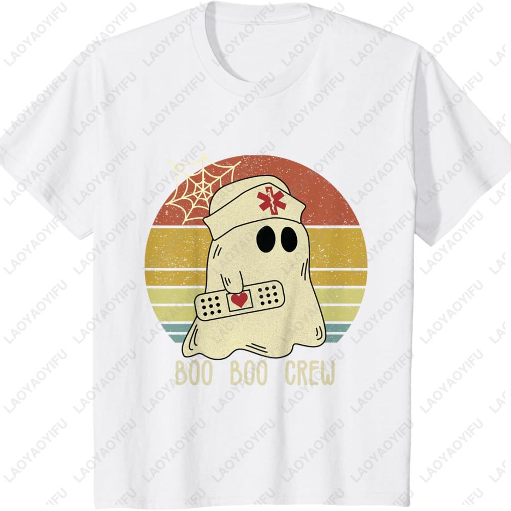 Boo Boo Crew Nurse Halloween Graphic T Shirts Spider Web Woman Men Cotton Tshirt Tops Lovely Ghost Nurse Crewneck T-shirt