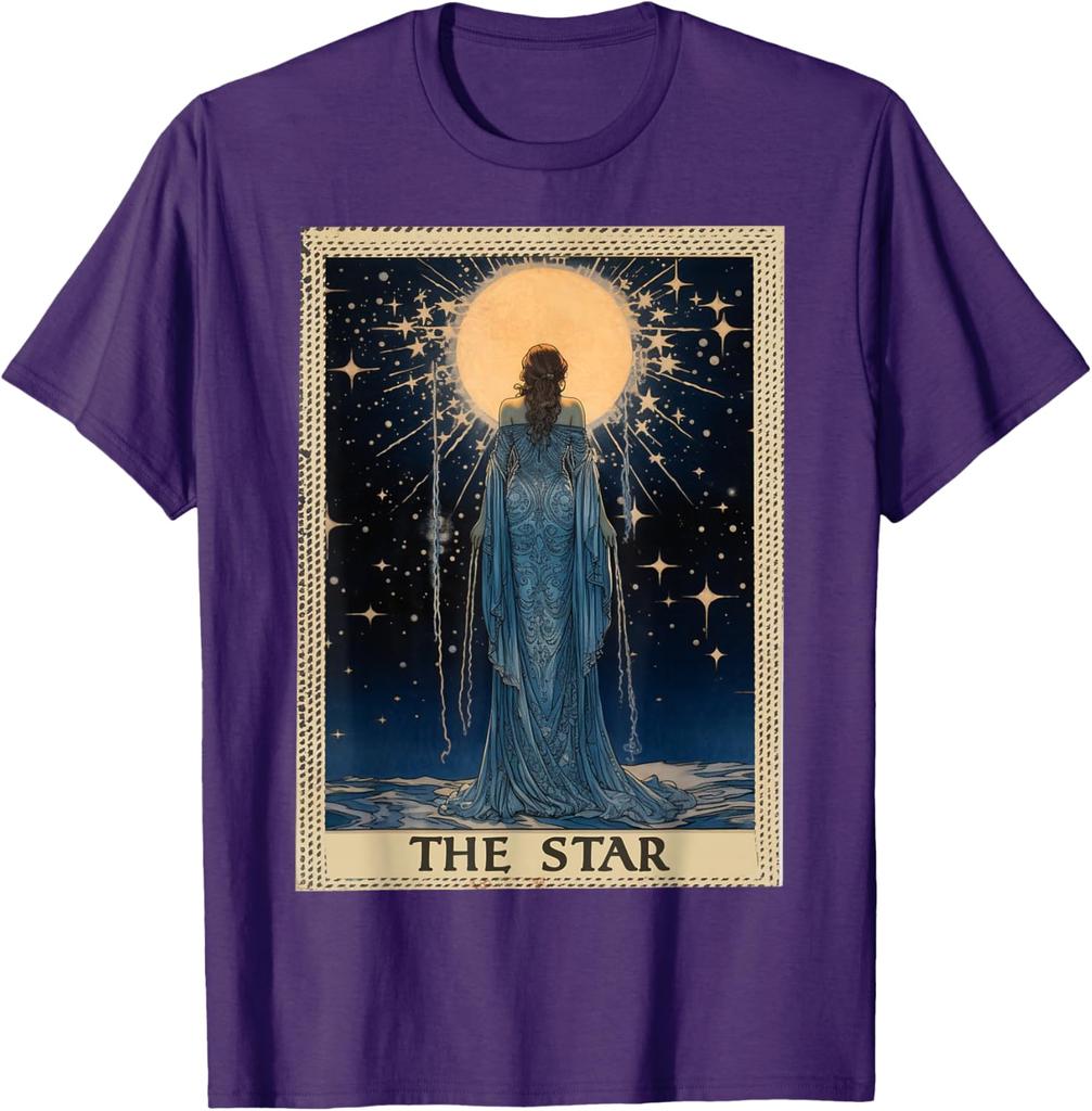 Das Stern Tarotkarten Grafik-T-Shirt Vintage-Stil Astrologie Himmlischer Druck Herren Kurzarm-T-Shirt