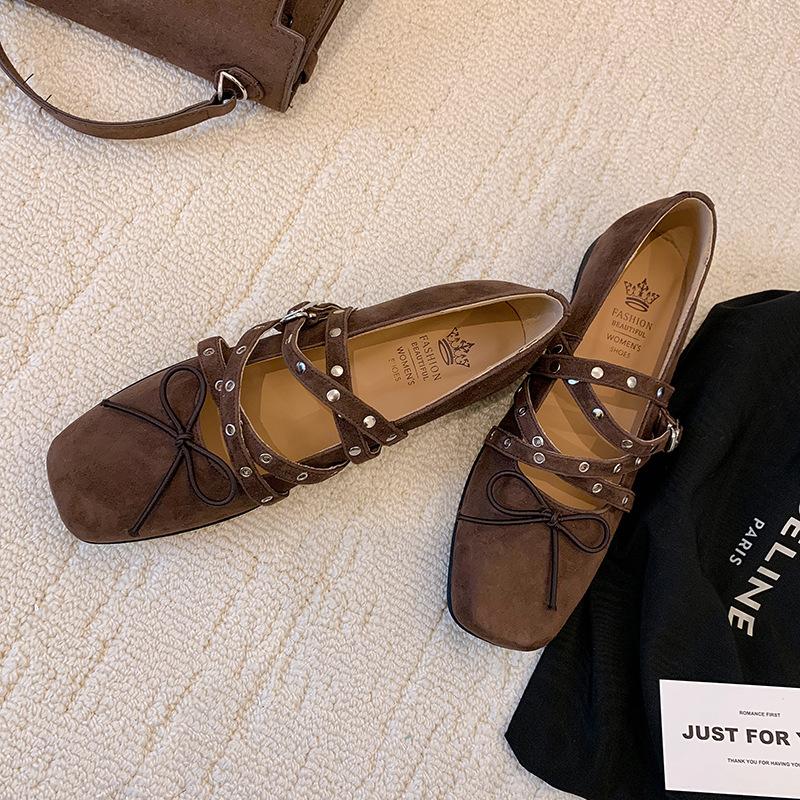 Sheepskin Version~ Crossed Belt Buckle Ballet Shoes for Women 2025 New Red Mary Jane Shoes Bow Single Shoes for Women