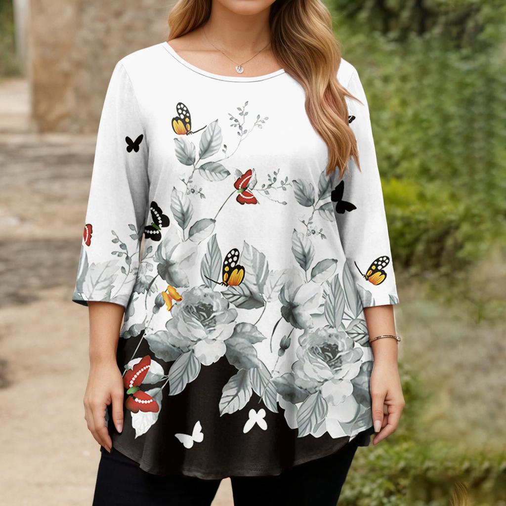 Top Moda da Donna Stampa Floreale Taglie Forti Manica 3/4 Orlo Arrotondato Girocollo