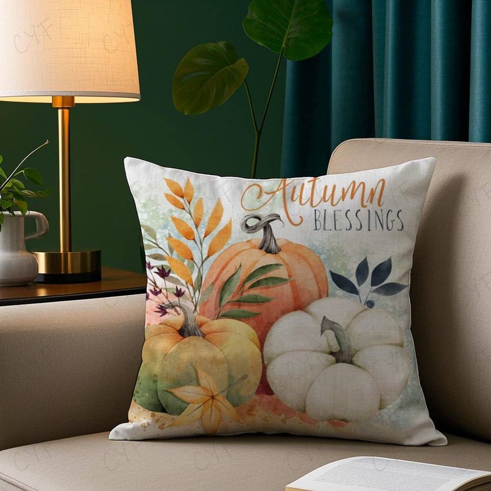 Colorful Watercolor Pumpkin Pillow Case Custom Printed Brushed Fleece Pillow, Baby Skin-Touch, Eco-Friendly Dye-Sublimation Cush