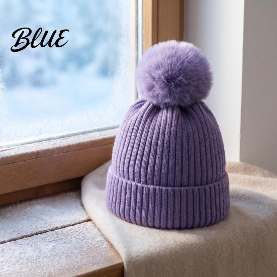 Cozy Fleece Lined Thick Cuffed with Fluffy Knitted Hat Style Winter Fur Ball Warm Cap