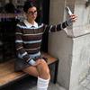 2026 A/W Retro Maillard Color Block Striped Polo Sweater