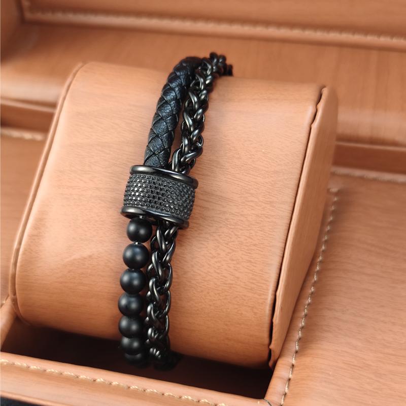 Trendy Geniune Leather Multilayer Bracelet for Men Chain Double Black Luxury Punk Braided Bracelet Wristband Male Charm Jewelry
