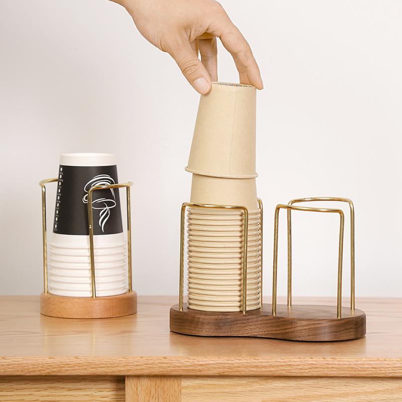 Wood Brass Disposable Cup Storage Holder Rack Shelf Water Tea Cups Dispenser Mug Display Stand Organizer Supplies Home Organizer