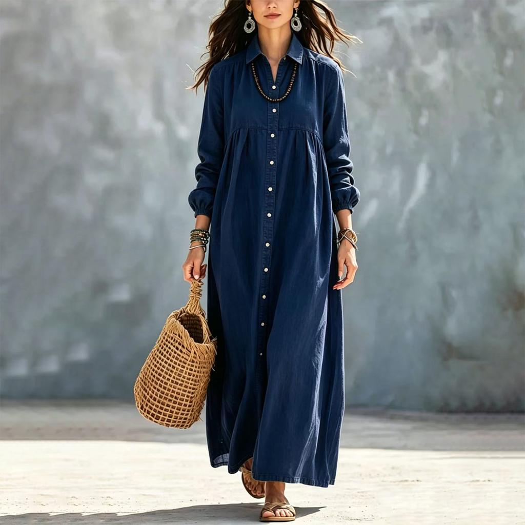 Women's Color Long Shirt Dress with Turn-Down Collar and Single-Breasted Button Front for Casual Wear