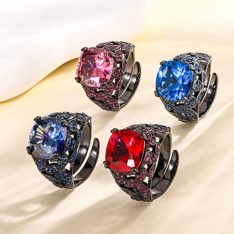 Jewelry Copper Bottom Gold-Plated Simulation Corundum Fat Square Black Gold Personalized Ring 12 * 12