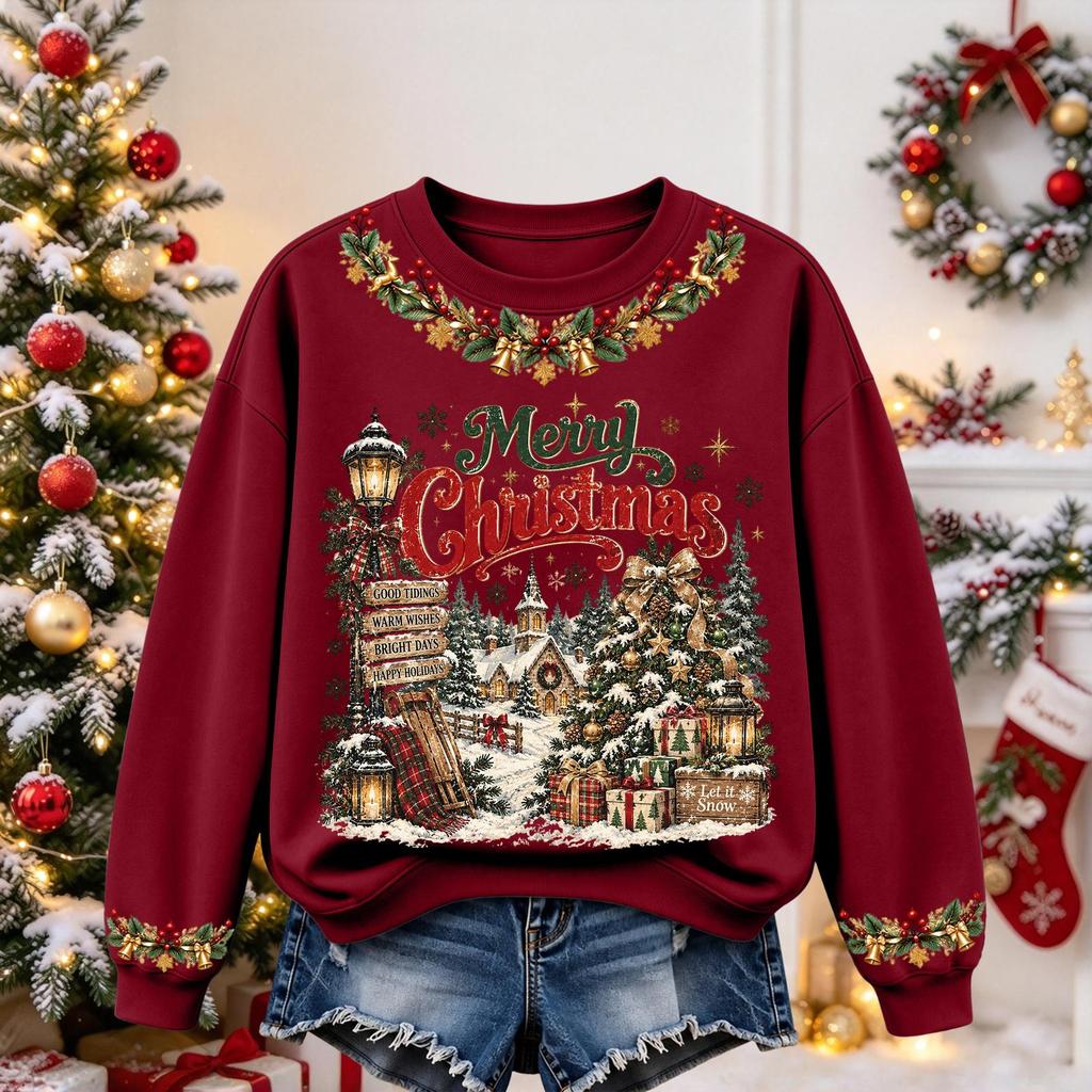 Women's Christmas Print Long Sleeve Top Casual Comfortable Fall Winter Shirt