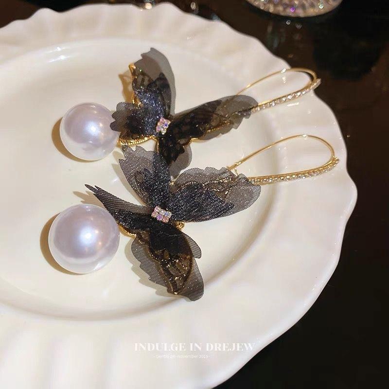 Элегантные женские серьги-подвески с сеткой, бабочками и жемчугом one size