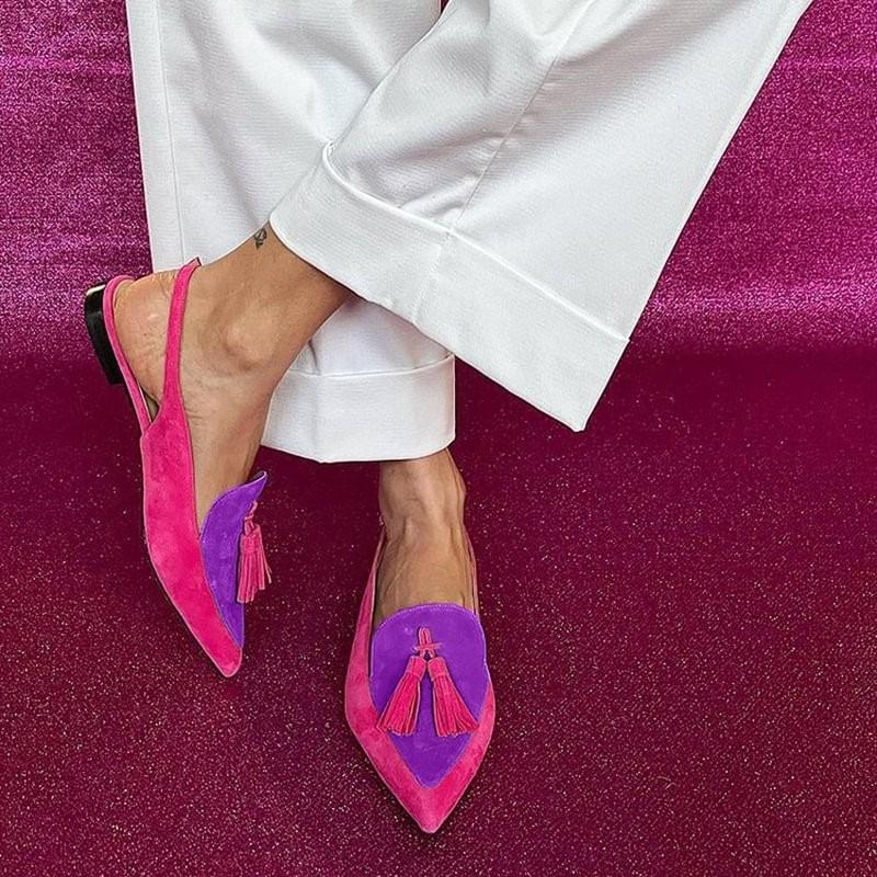 

Fashion New Summer Color Block Women s Shoes 40-43 Large Pointed Tassel Low Heels Back Air Sandals High Heels Womens Shoes Zapatos Mujer 43 фиолетовый
