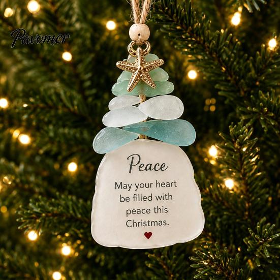 Handmade Christmas Ornament Sea Glass Tree Ornament, Seaglass Art Hanging Decor with Starfish Charm, Festive Window Door Peace Love Joy Faith