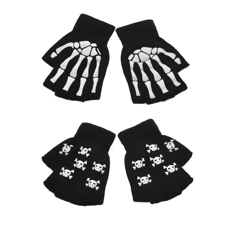 Luminous Halloween Skeleton Skull Gloves Punk Half Finger Gloves Winter Unisex Skull Fingerless Knitted Mitten Glow in The Dark