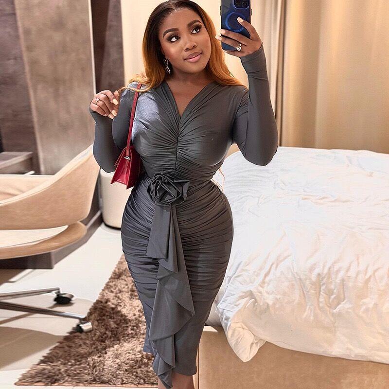 Women's Long Sleeve V-Neck Rose Wrap Dresses