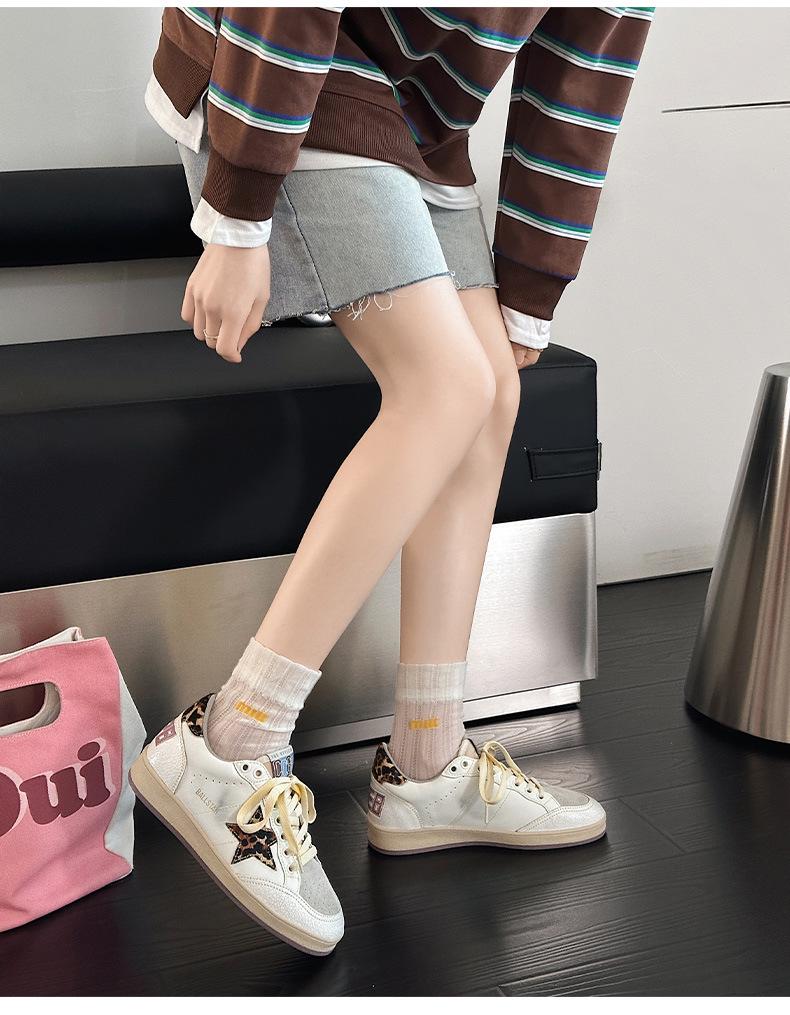 Women's Retro Patchwork Distressed Star Sneakers - Spring 2025, Casual Lace-Up Flat White Shoes