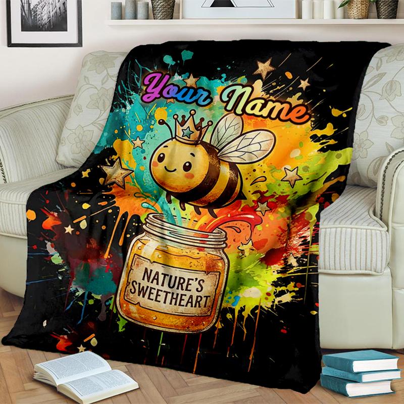 1PC Custom Name Bee Sweet Honey Jar Flannel Blanket Versatile,all-season Throw Suitable for the Living Room,bedroom,camping,travel,and Gift