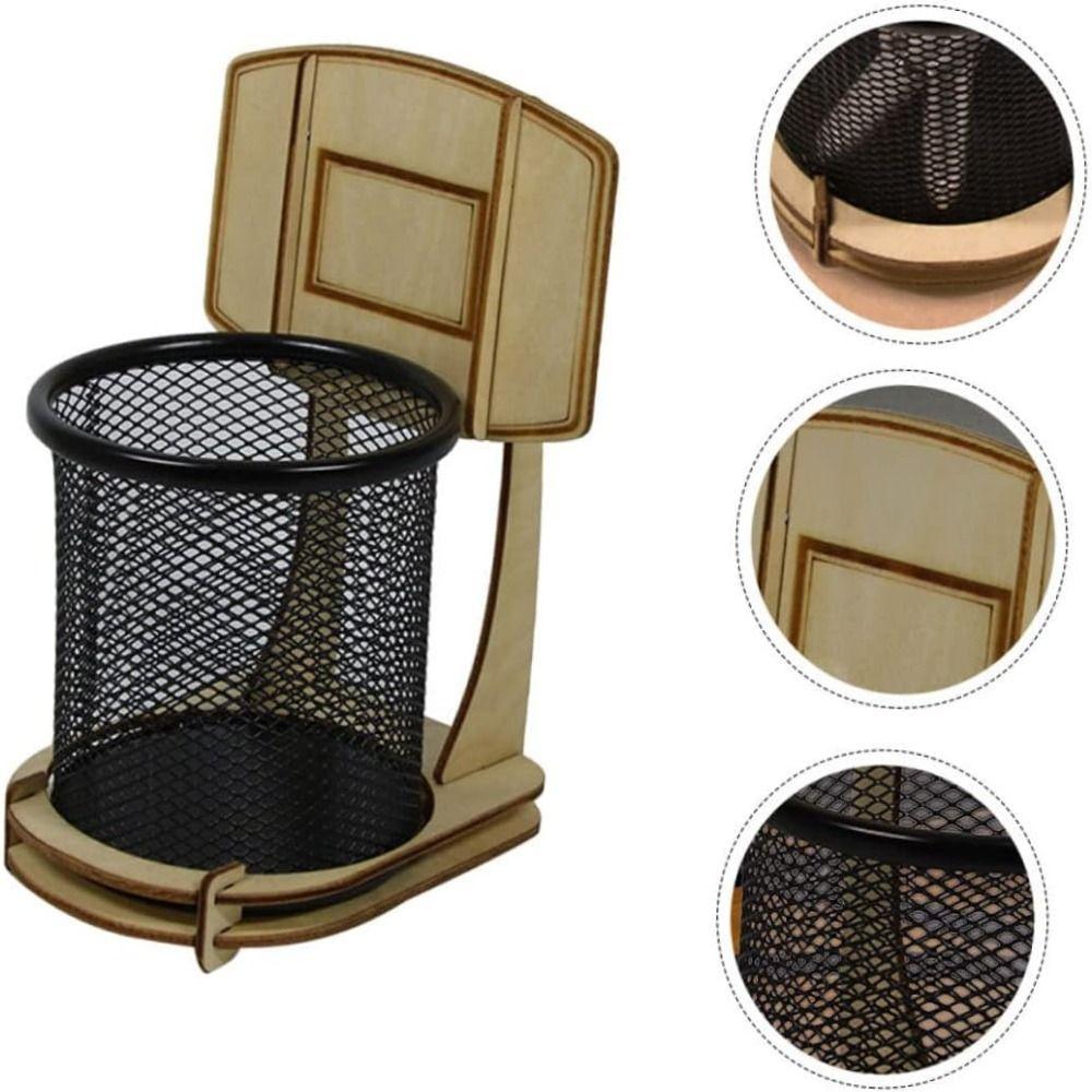 Household Mesh Pen Holder Wooden Frame Cosmetic Brushes Shelf  Table Storage Supplies