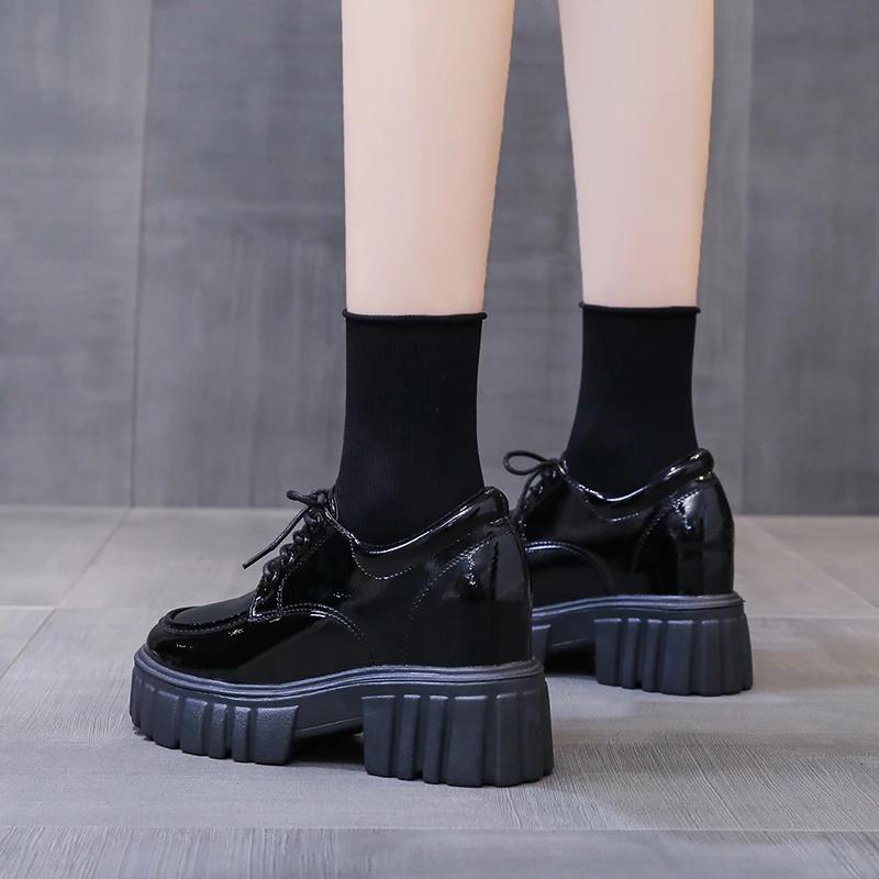 Lucyever Lace Up Platform Loafers Women 2024 Autumn Patent Leather Chunky Heel Pumps Woman Round Toe Hidden Heels Shoes Female