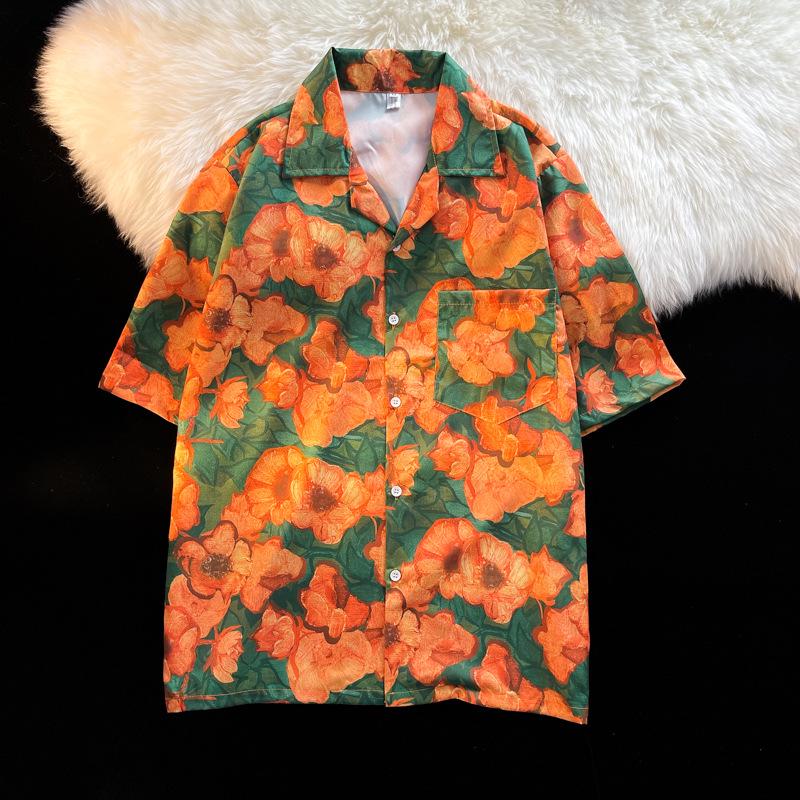Unisex Vintage Kubakrage Blomsterskjorte - Løs passform, Hong Kong-stil, Kort erm, Perfekt for strand og par