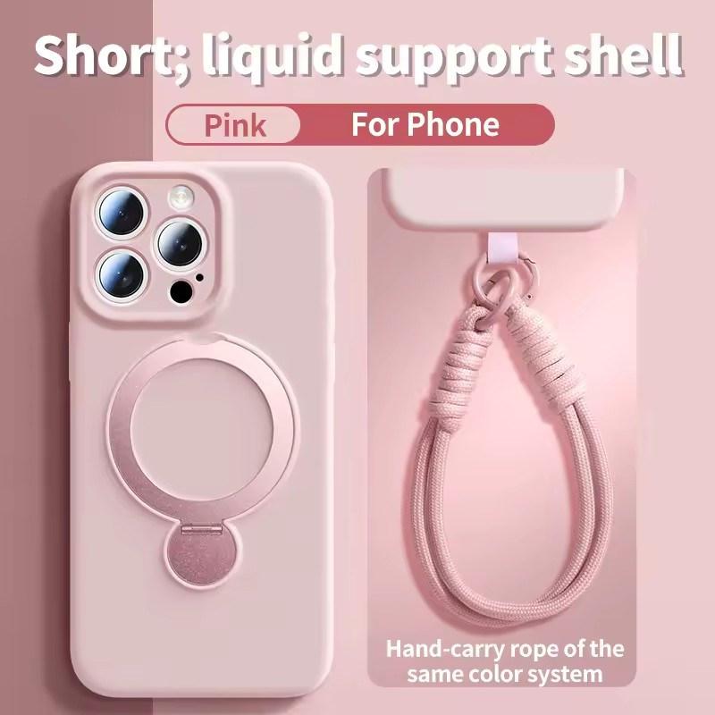 Magsafe Magnetic Bracket Liquid Silicone Phone Case For IPhone 13 14 15 16 17 Pro Max With Hanging Rope Anti fall Protective Cover