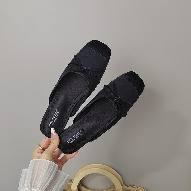 Wind Color Matching Dopamine Candy Color Flat-bottomed Slippers French Age-reducing Bow Fairy Satin Bag Head Slippers