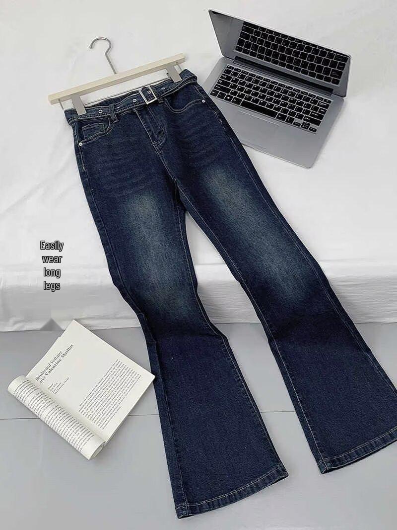 

Темно-синие джинсы стрейч с микроклешем и высокой посадкой Small