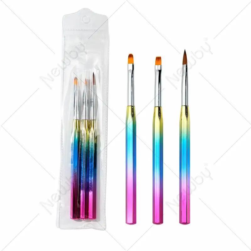 3Pcs Nail Art Brush UV Gel Polish Painting Line Flat Builder French Petal Gradient Tips Design Flower Tools Manicure Draw Pen
