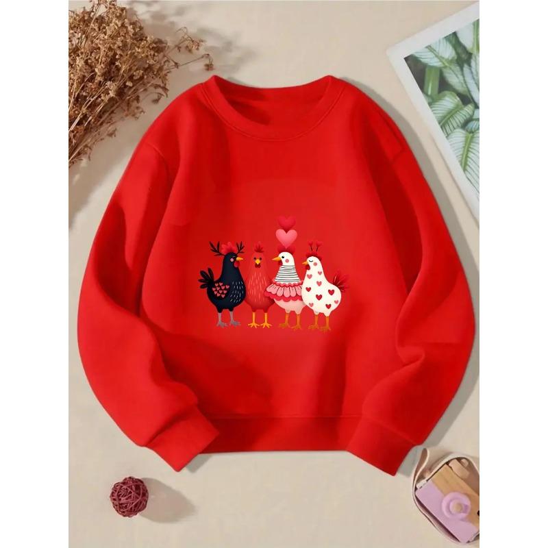 Kids Unisex Crewneck Sweatshirt, Four Cute Chickens With Red Hearts Cartoon Print Soft Fleece Pullover For Kids Over 4 Years Old